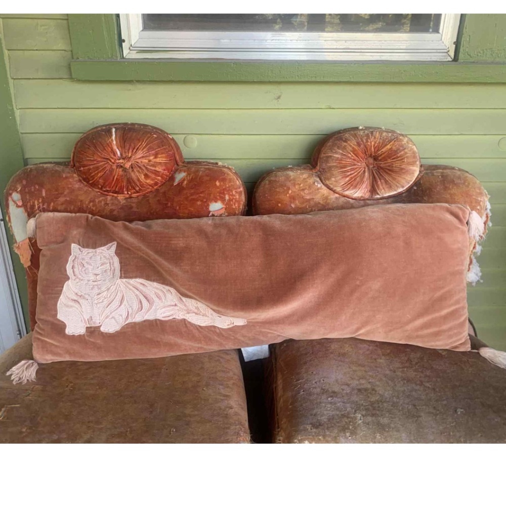 Tiger Applique Salmon Velvet Lumbar Pillow with Tassels Opalhouse